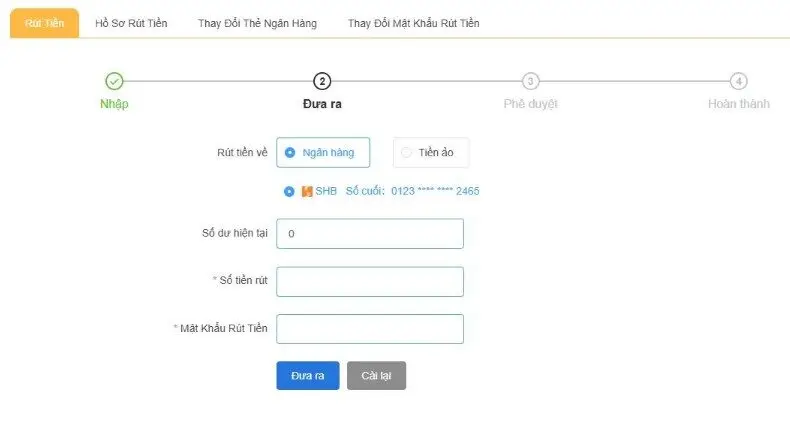 Rút tiền tk88 hình thức chuyển khoản ngân hàng
